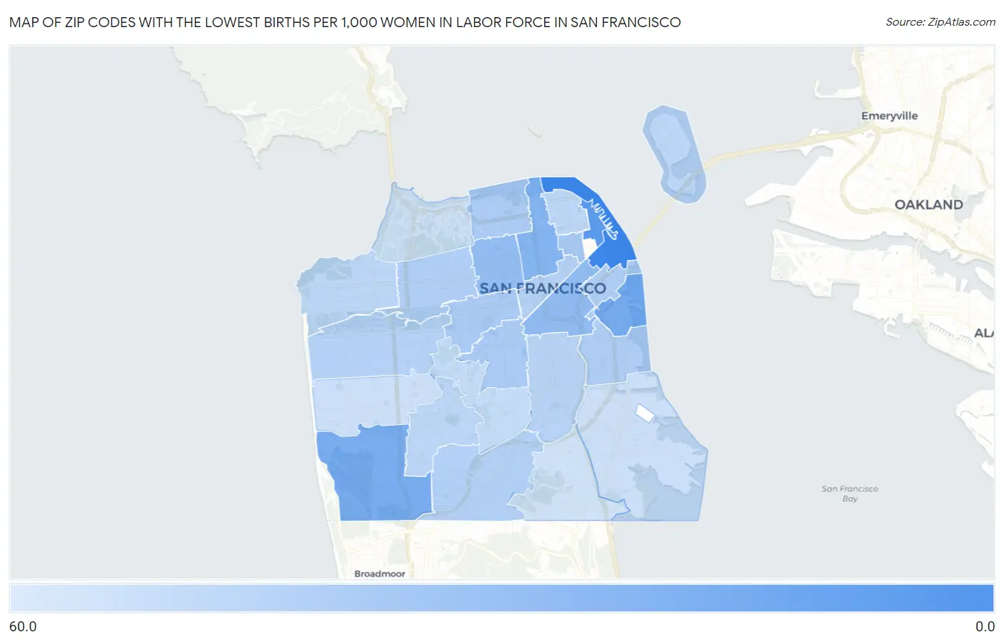 Zip Codes with the Lowest Births per 1,000 Women in Labor Force in San Francisco Map