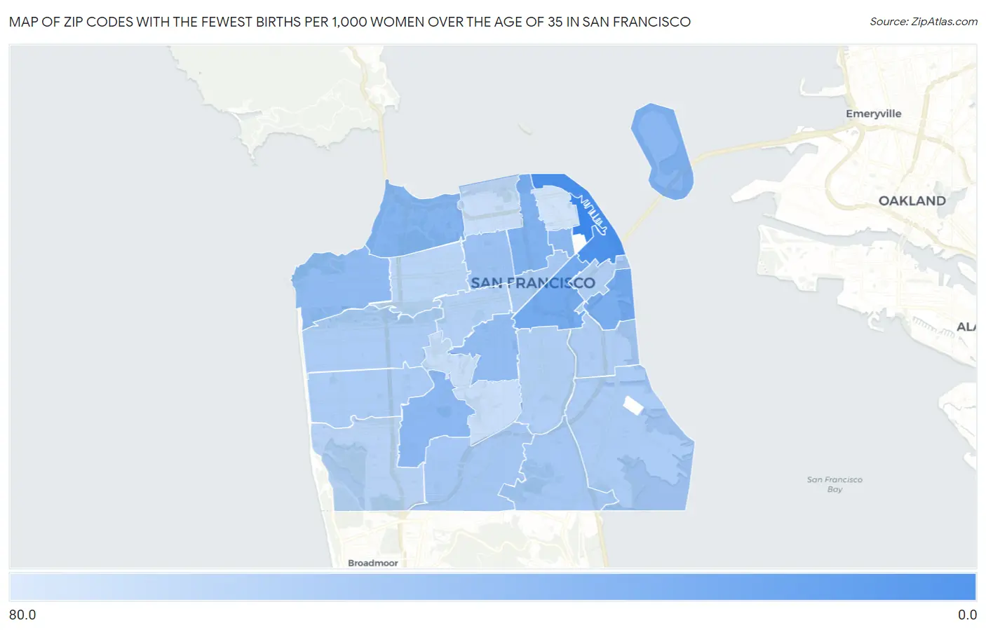 Zip Codes with the Fewest Births per 1,000 Women Over the Age of 35 in San Francisco Map