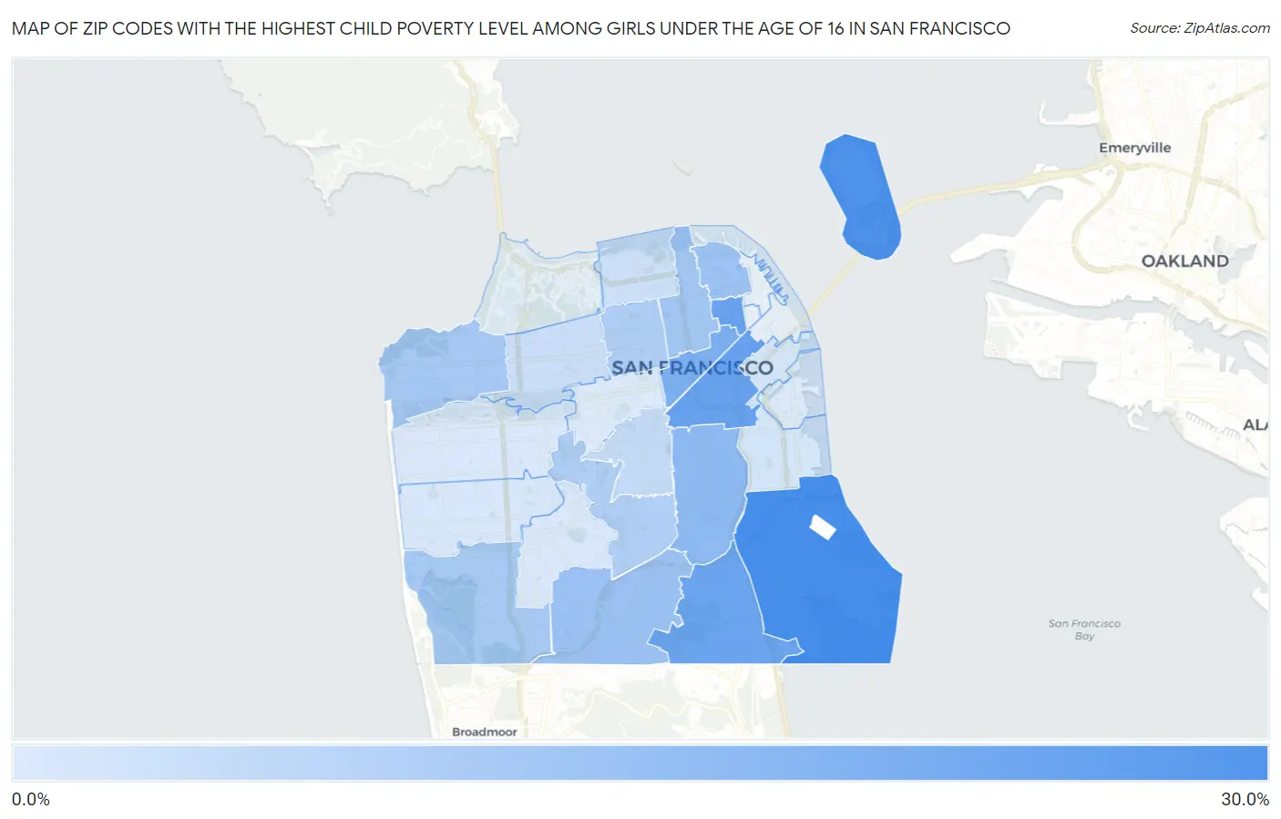 Zip Codes with the Highest Child Poverty Level Among Girls Under the Age of 16 in San Francisco Map