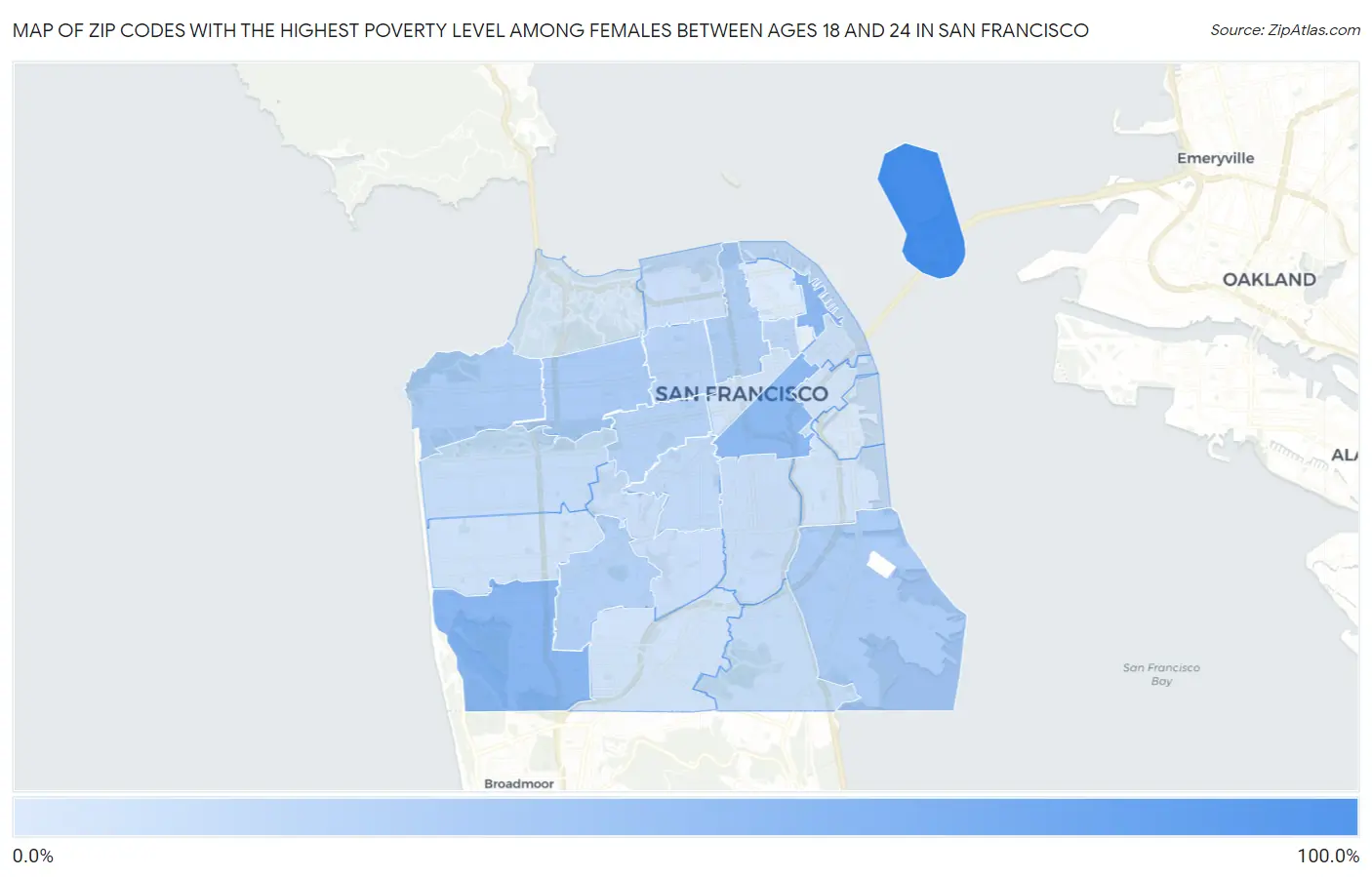 Zip Codes with the Highest Poverty Level Among Females Between Ages 18 and 24 in San Francisco Map