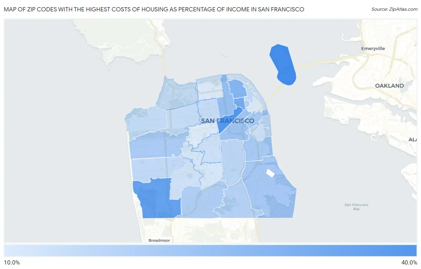 Zip Codes with the Highest Costs of Housing as Percentage of Income in San Francisco Map