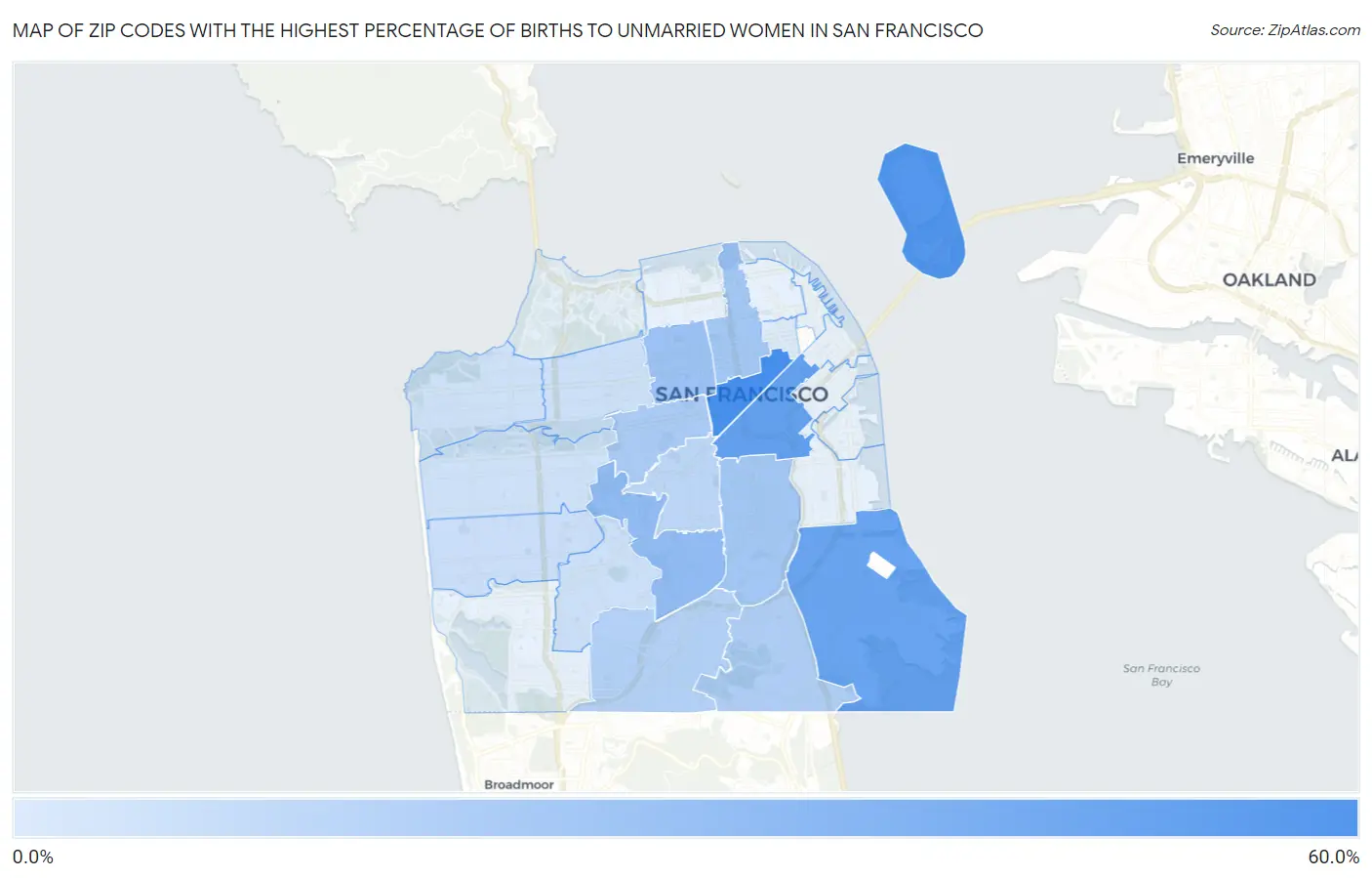 Zip Codes with the Highest Percentage of Births to Unmarried Women in San Francisco Map