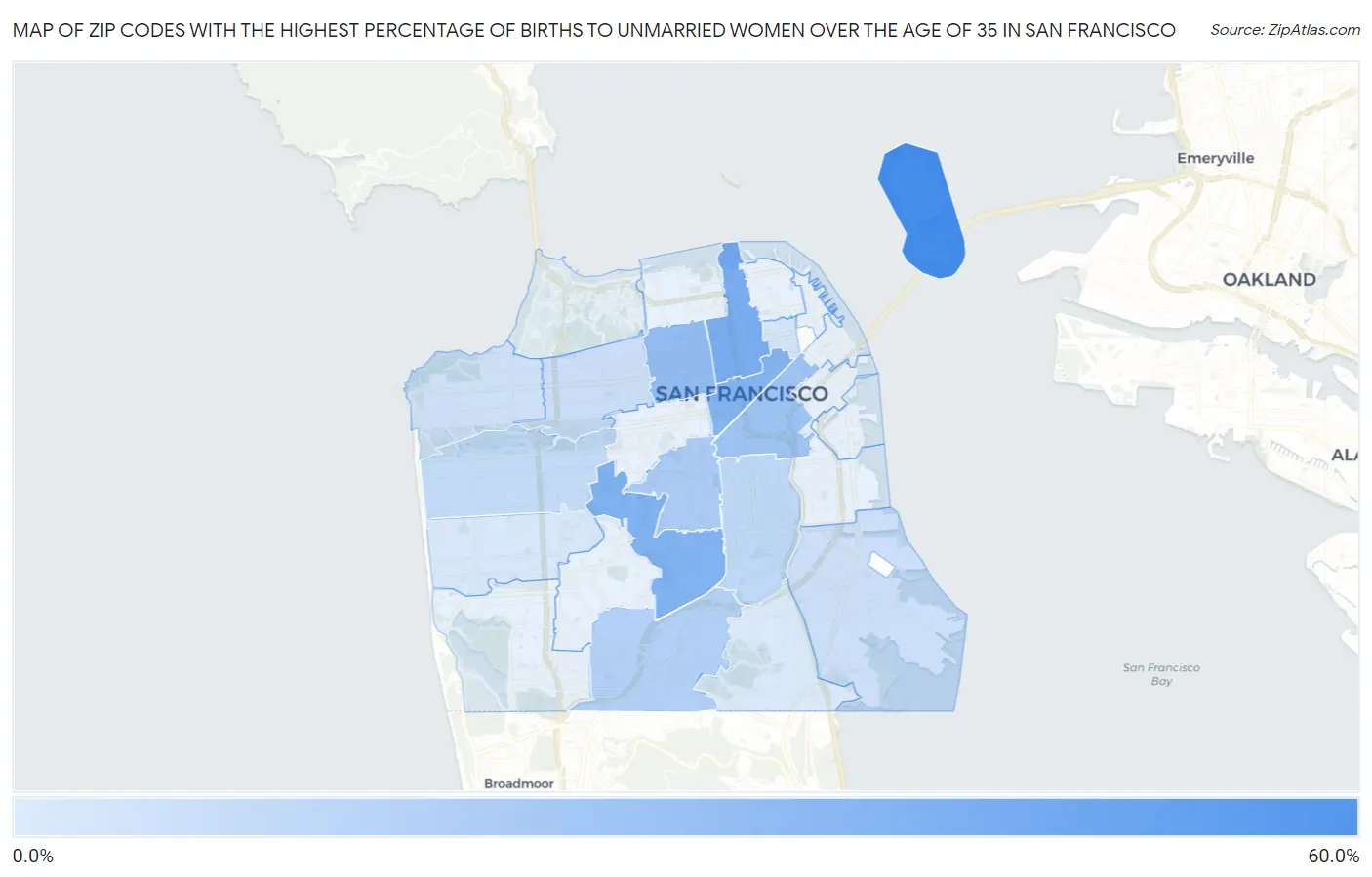 Zip Codes with the Highest Percentage of Births to Unmarried Women over the Age of 35 in San Francisco Map