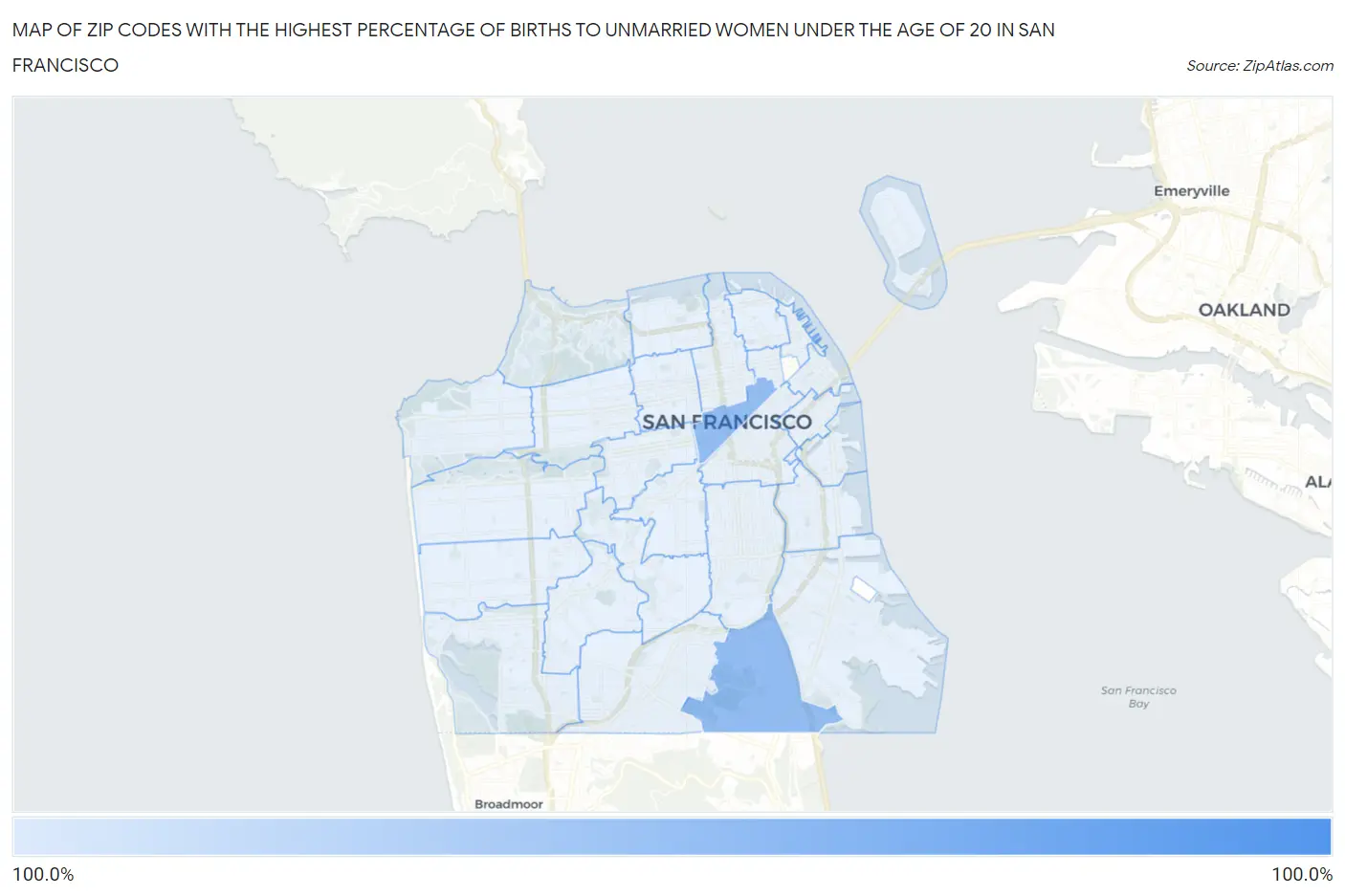 Zip Codes with the Highest Percentage of Births to Unmarried Women under the Age of 20 in San Francisco Map