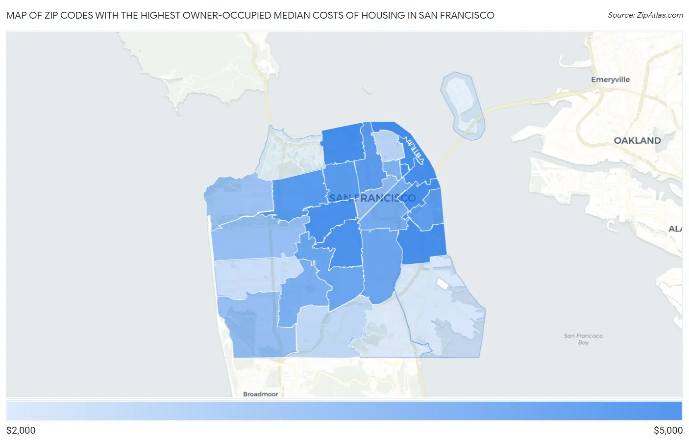 Zip Codes with the Highest Owner-Occupied Median Costs of Housing in San Francisco Map