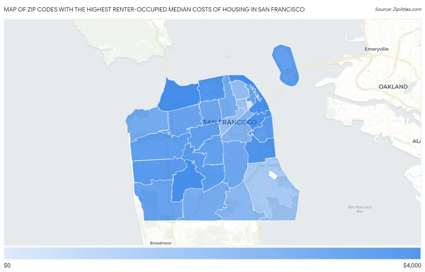 Zip Codes with the Highest Renter-Occupied Median Costs of Housing in San Francisco Map