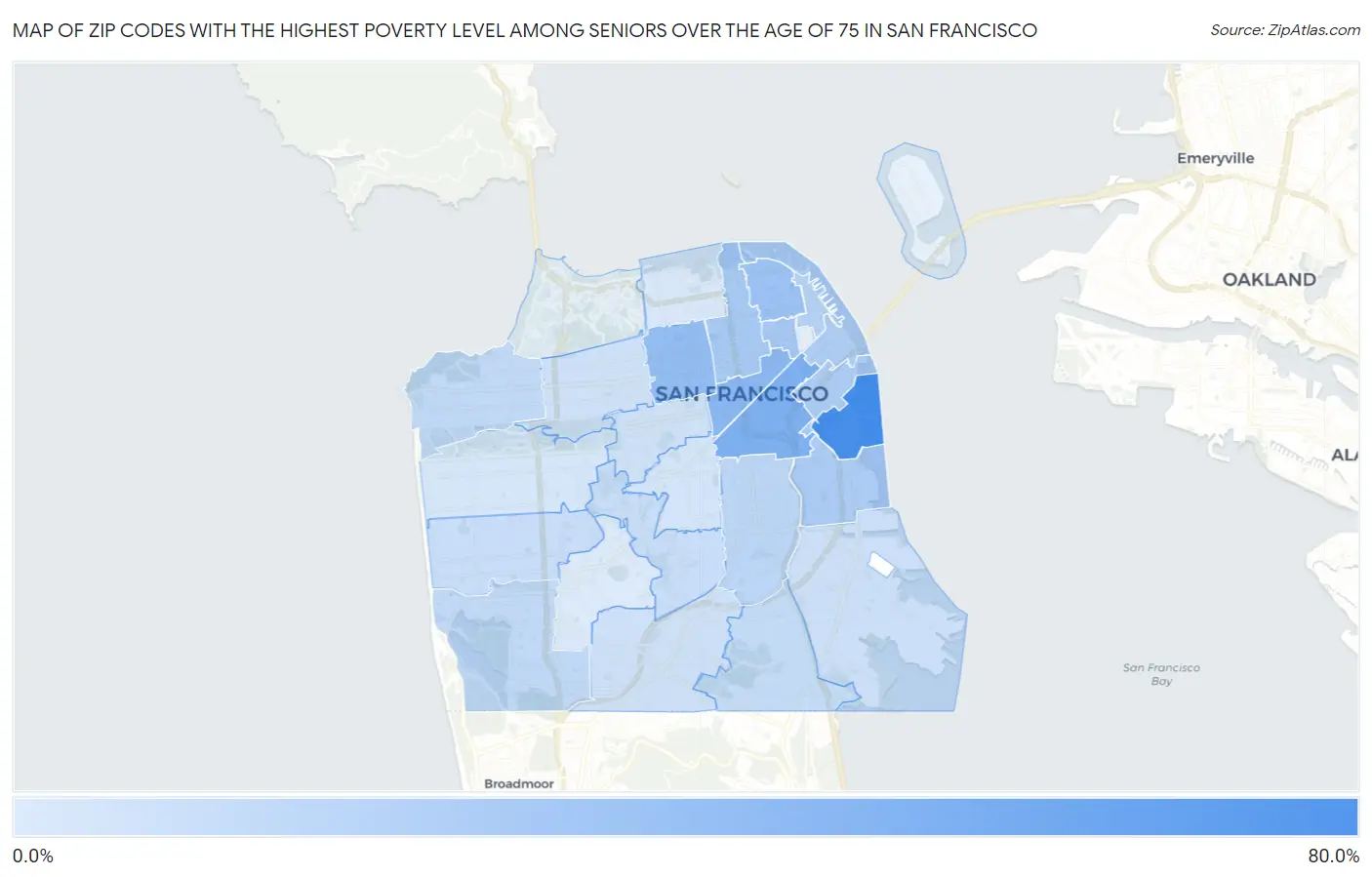 Zip Codes with the Highest Poverty Level Among Seniors Over the Age of 75 in San Francisco Map