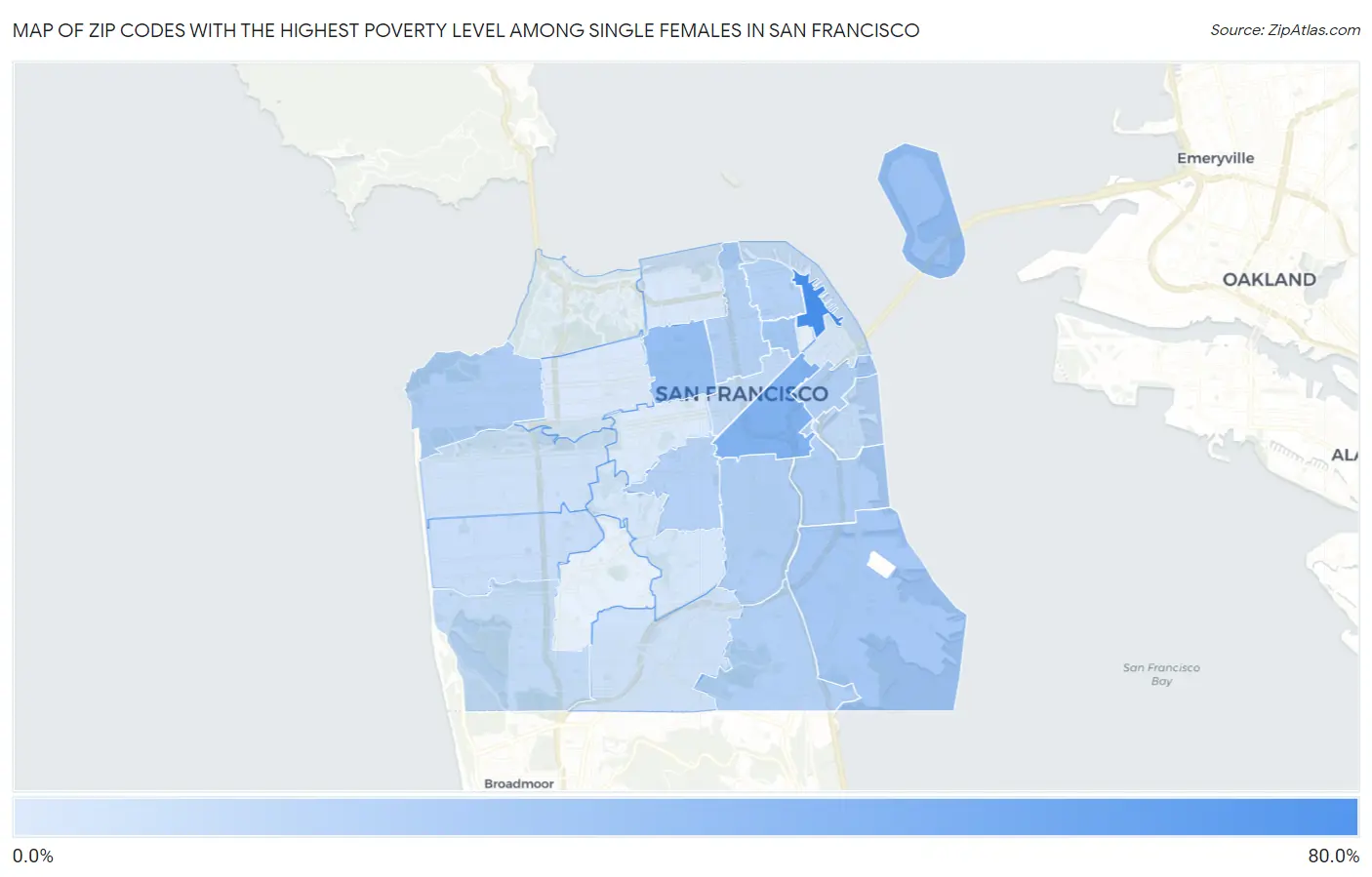 Zip Codes with the Highest Poverty Level Among Single Females in San Francisco Map
