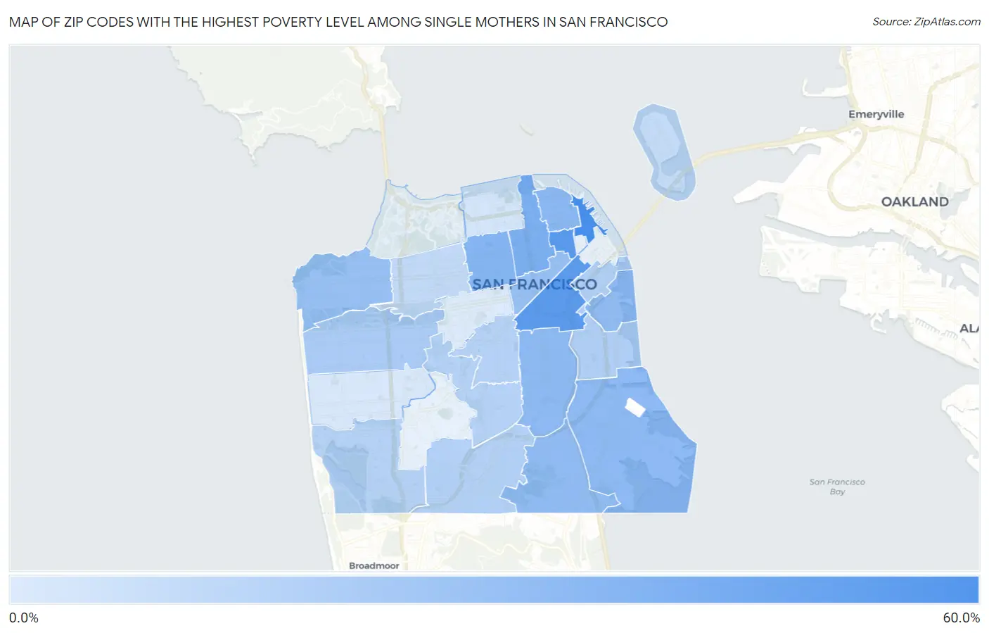 Zip Codes with the Highest Poverty Level Among Single Mothers in San Francisco Map