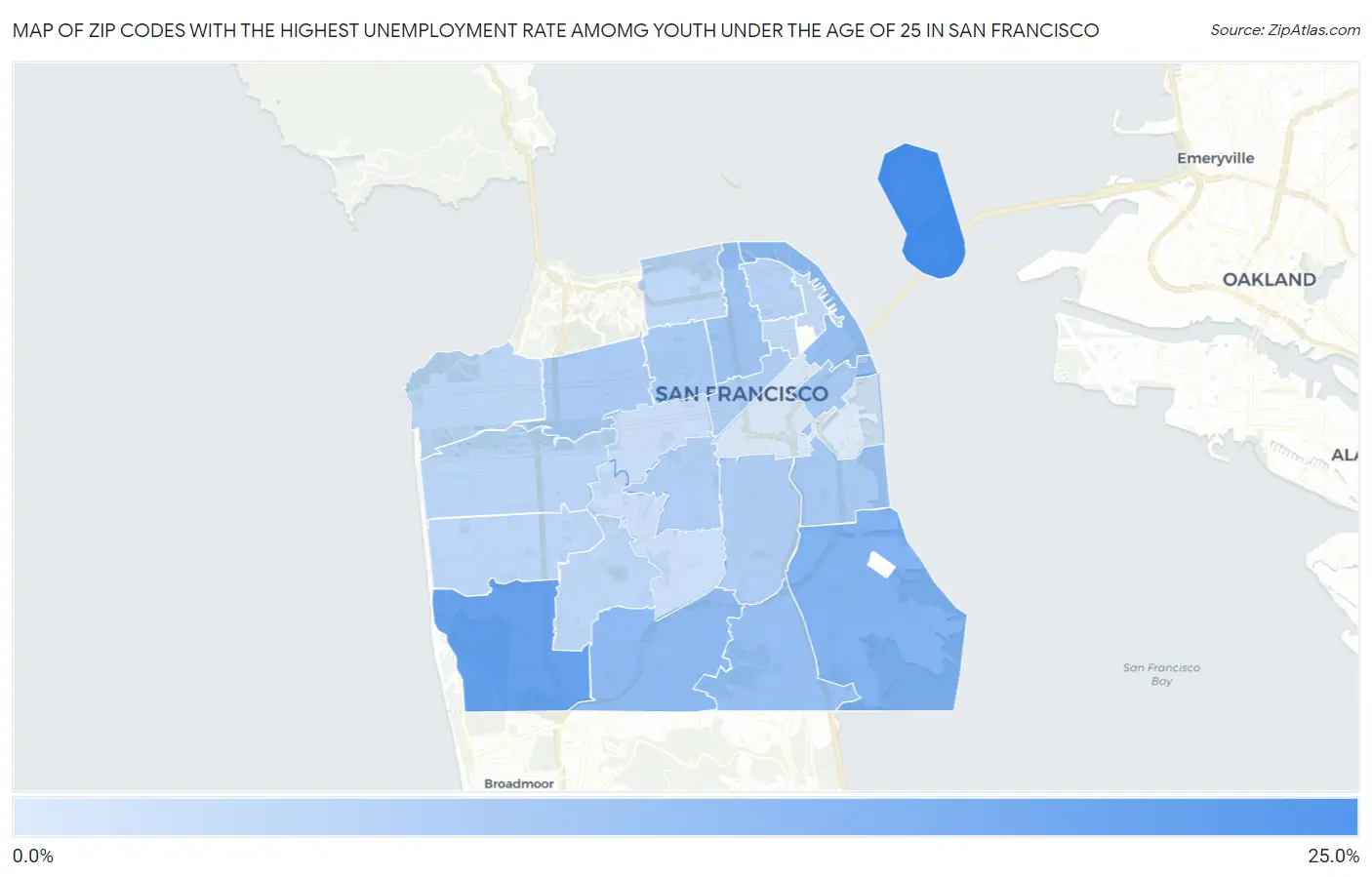 Zip Codes with the Highest Unemployment Rate Amomg Youth Under the Age of 25 in San Francisco Map
