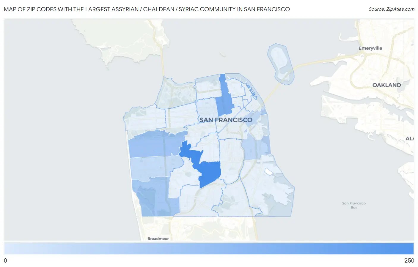 Zip Codes with the Largest Assyrian / Chaldean / Syriac Community in San Francisco Map