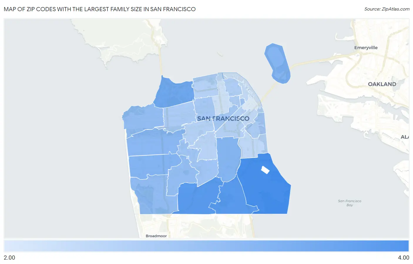Zip Codes with the Largest Family Size in San Francisco Map