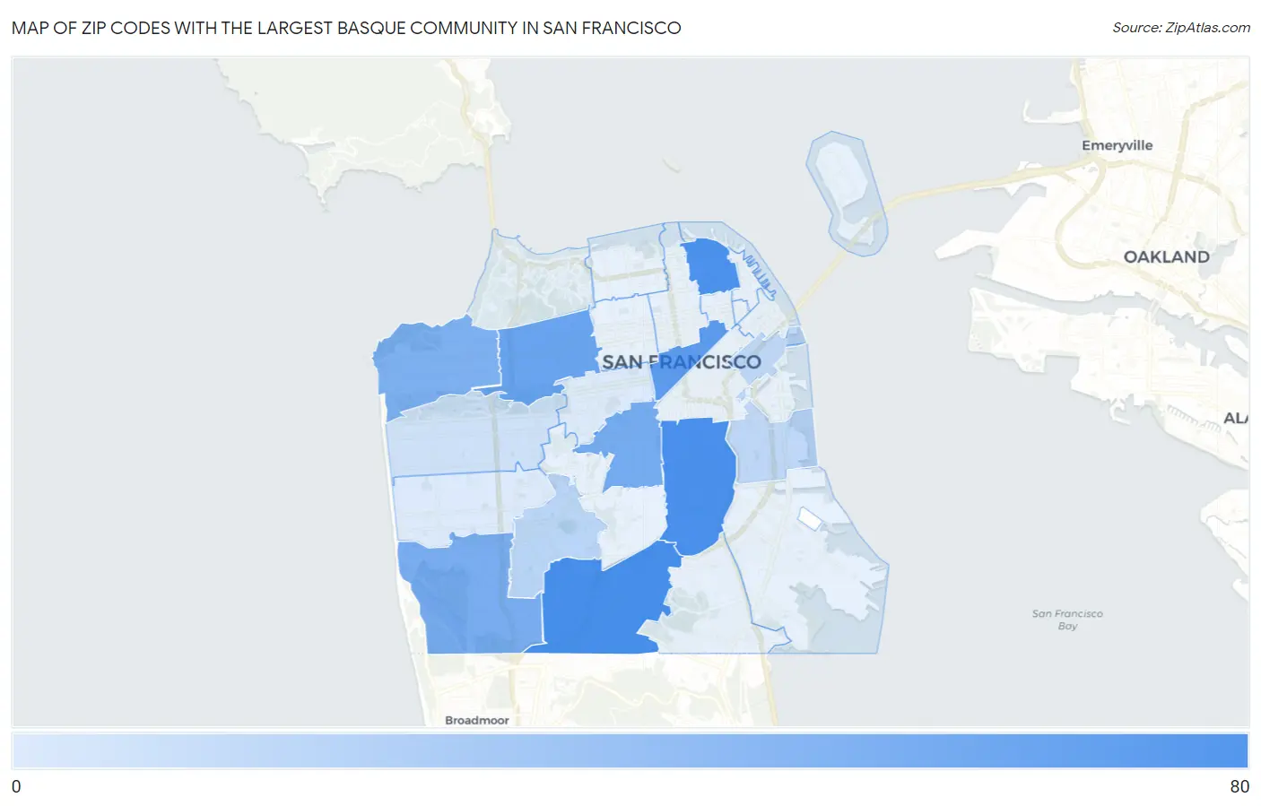 Zip Codes with the Largest Basque Community in San Francisco Map