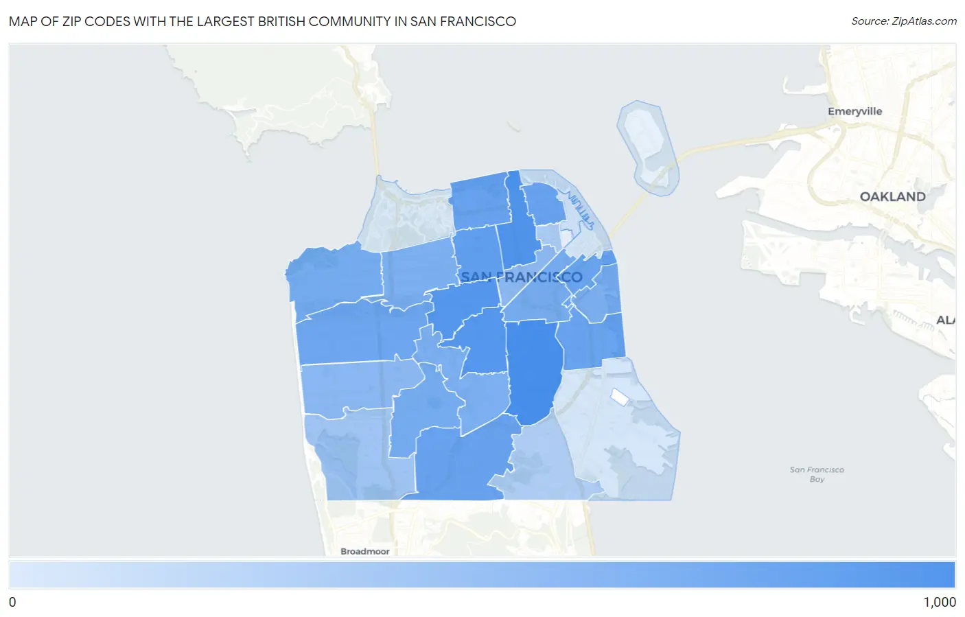 Zip Codes with the Largest British Community in San Francisco Map