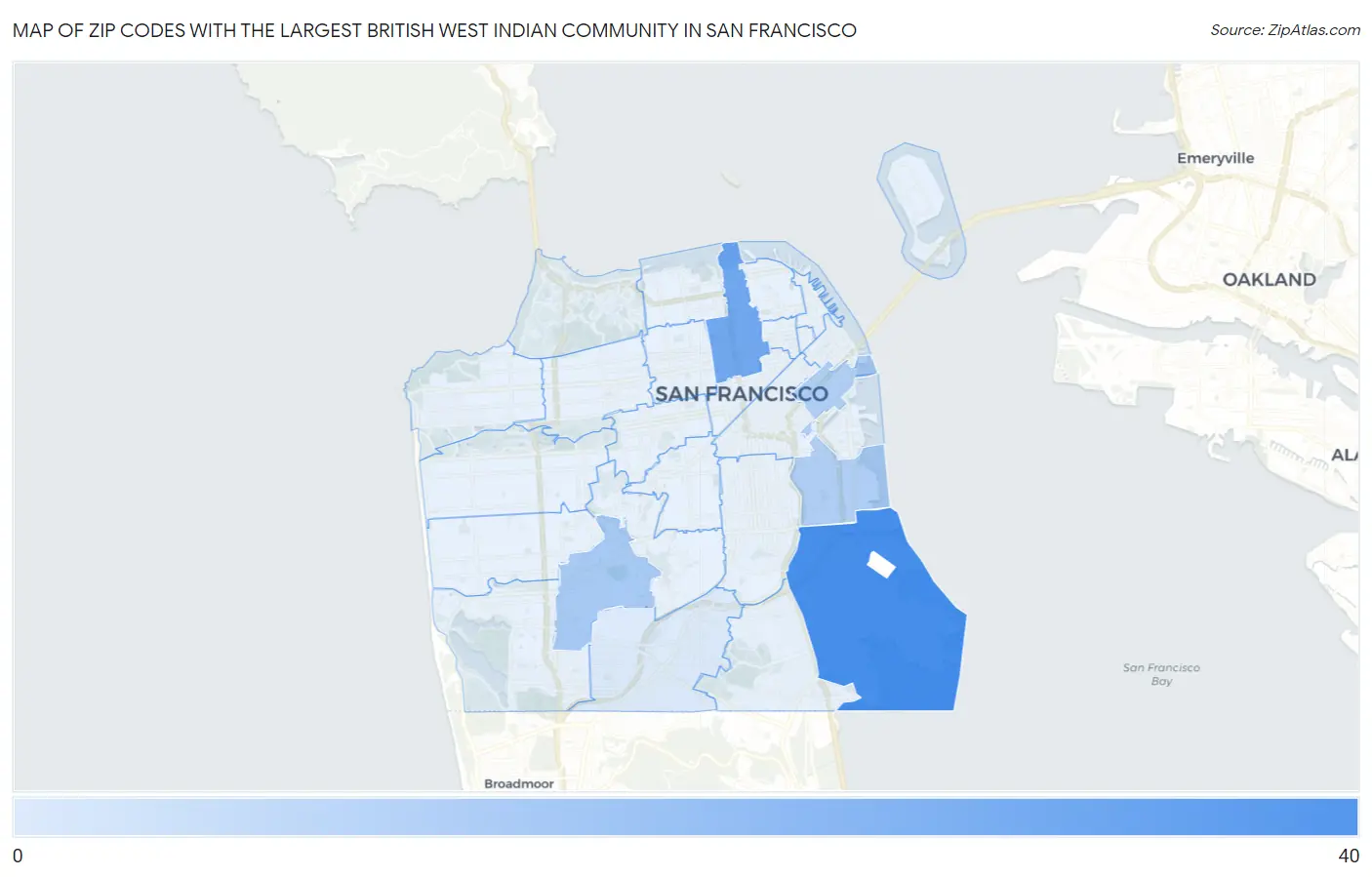 Zip Codes with the Largest British West Indian Community in San Francisco Map