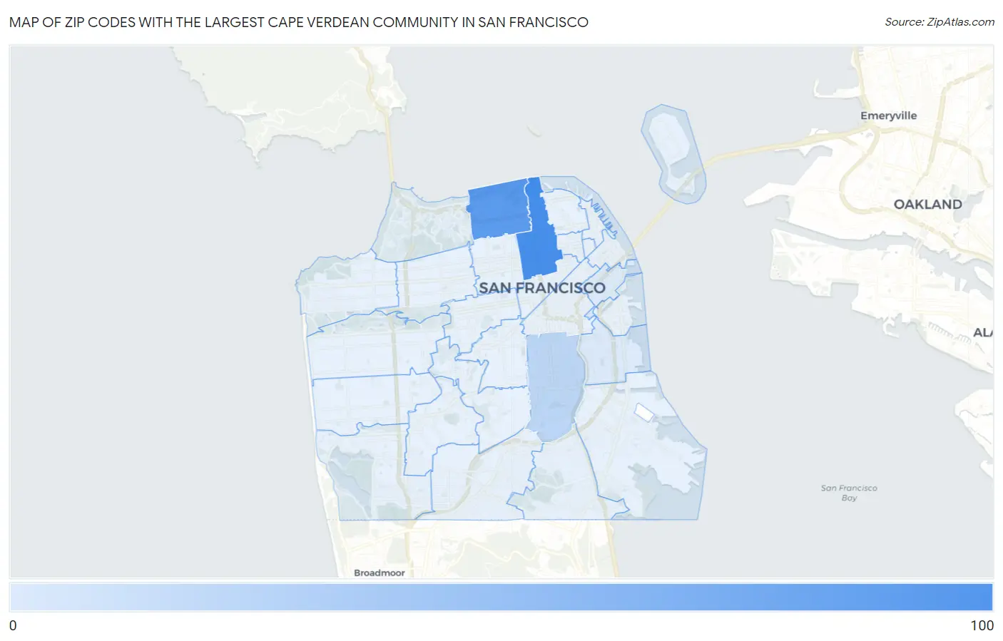 Zip Codes with the Largest Cape Verdean Community in San Francisco Map