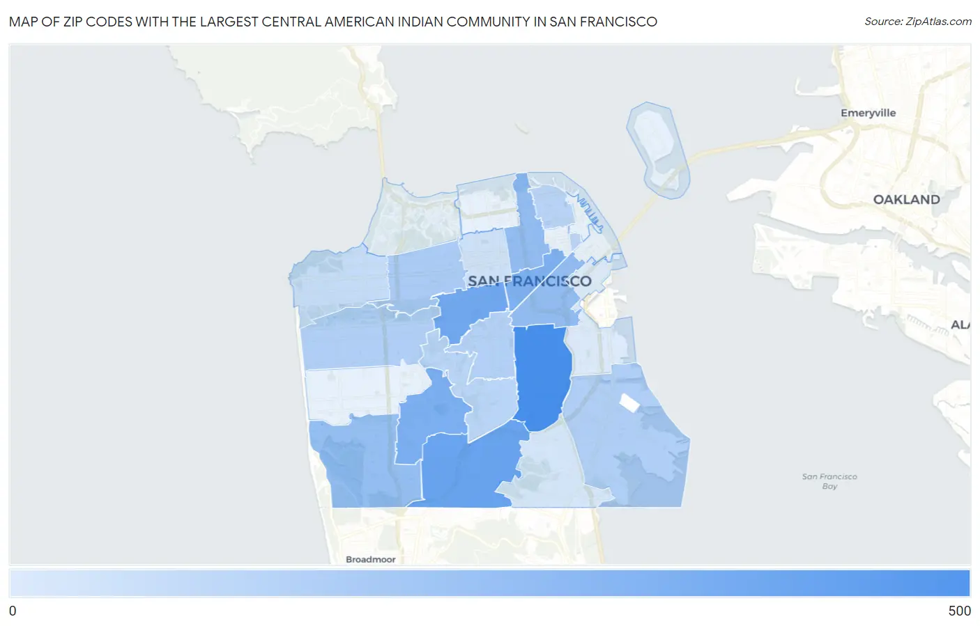 Zip Codes with the Largest Central American Indian Community in San Francisco Map