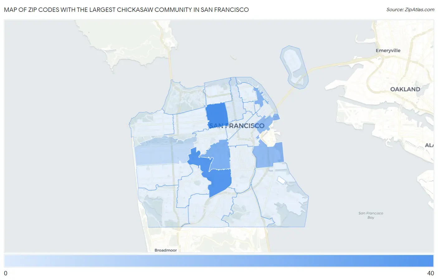 Zip Codes with the Largest Chickasaw Community in San Francisco Map