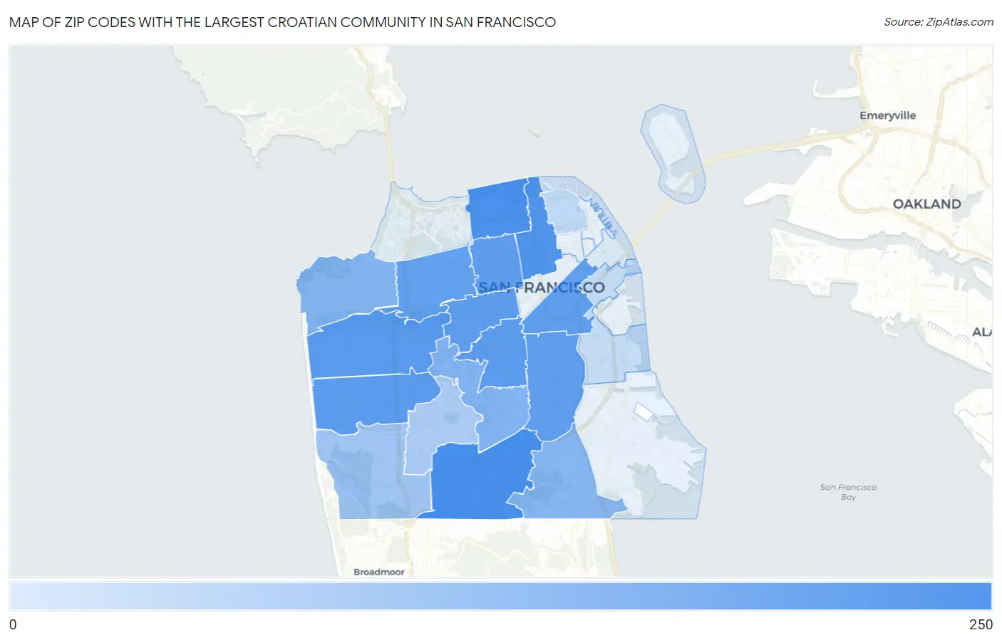 Zip Codes with the Largest Croatian Community in San Francisco Map