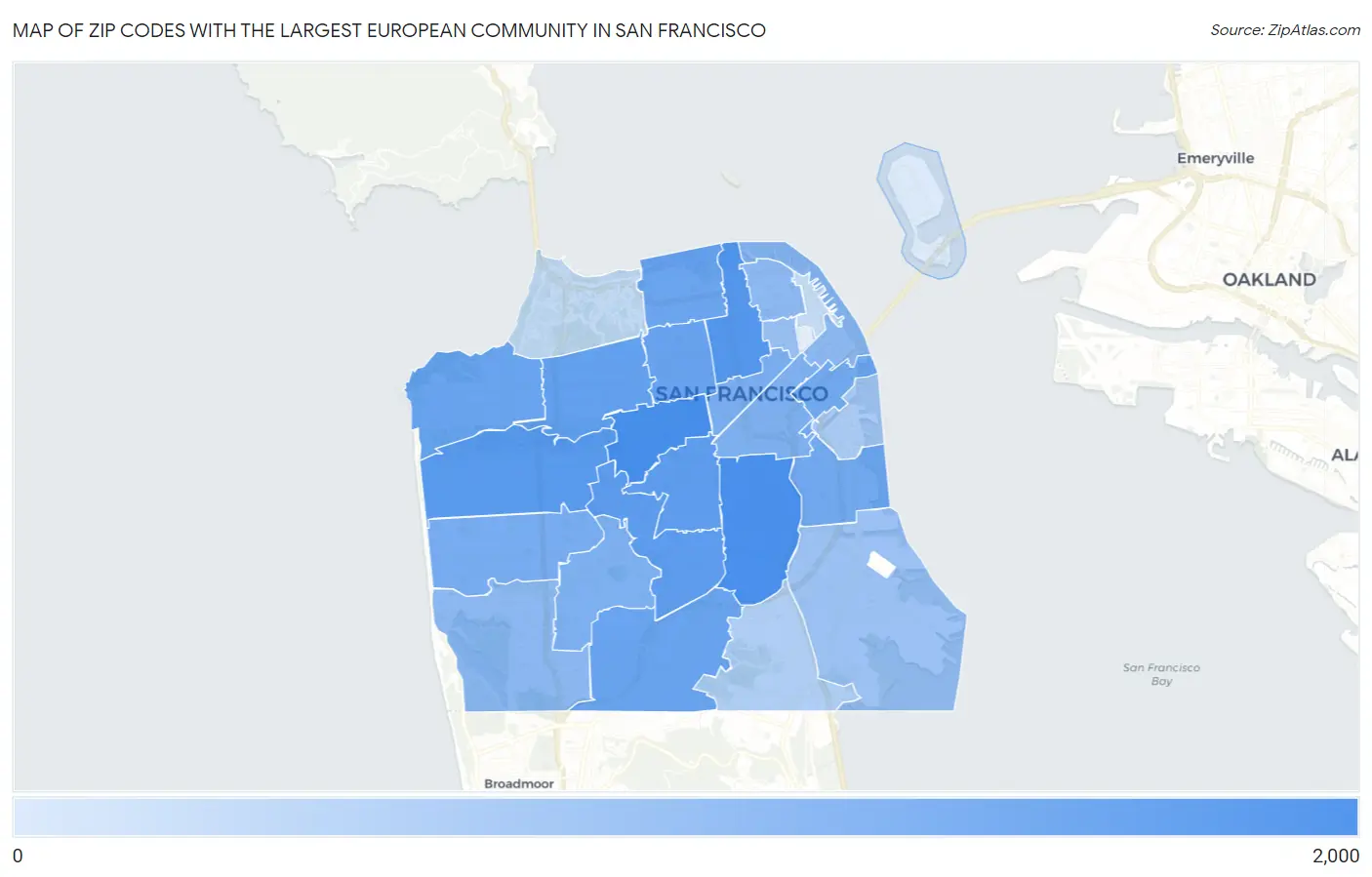 Zip Codes with the Largest European Community in San Francisco Map