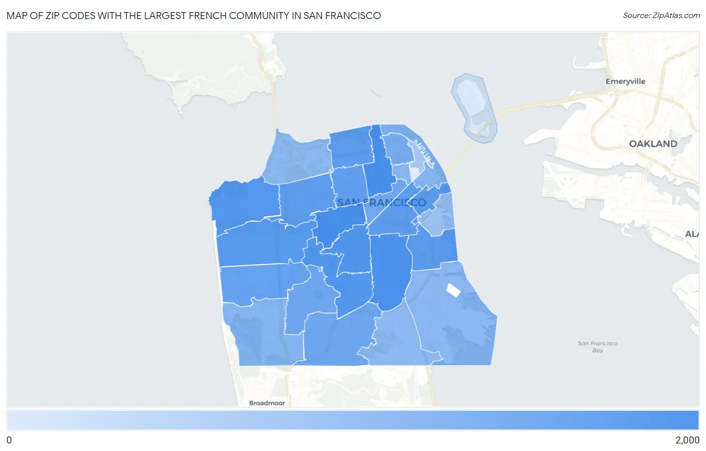 Zip Codes with the Largest French Community in San Francisco Map