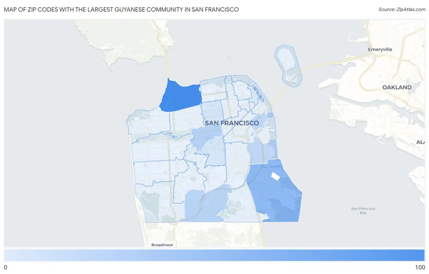 Zip Codes with the Largest Guyanese Community in San Francisco Map