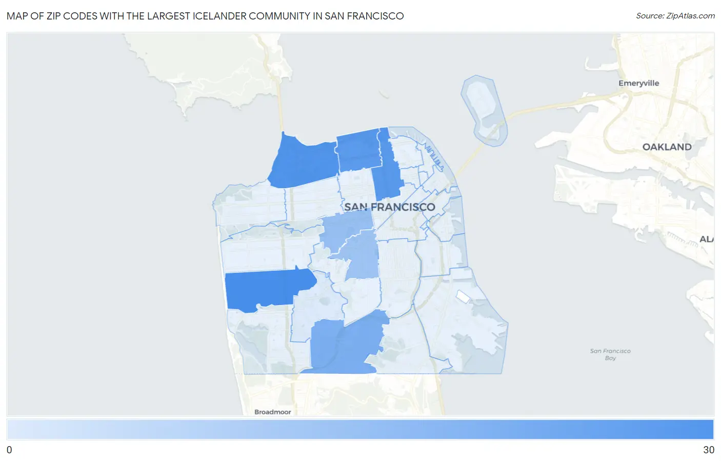 Zip Codes with the Largest Icelander Community in San Francisco Map