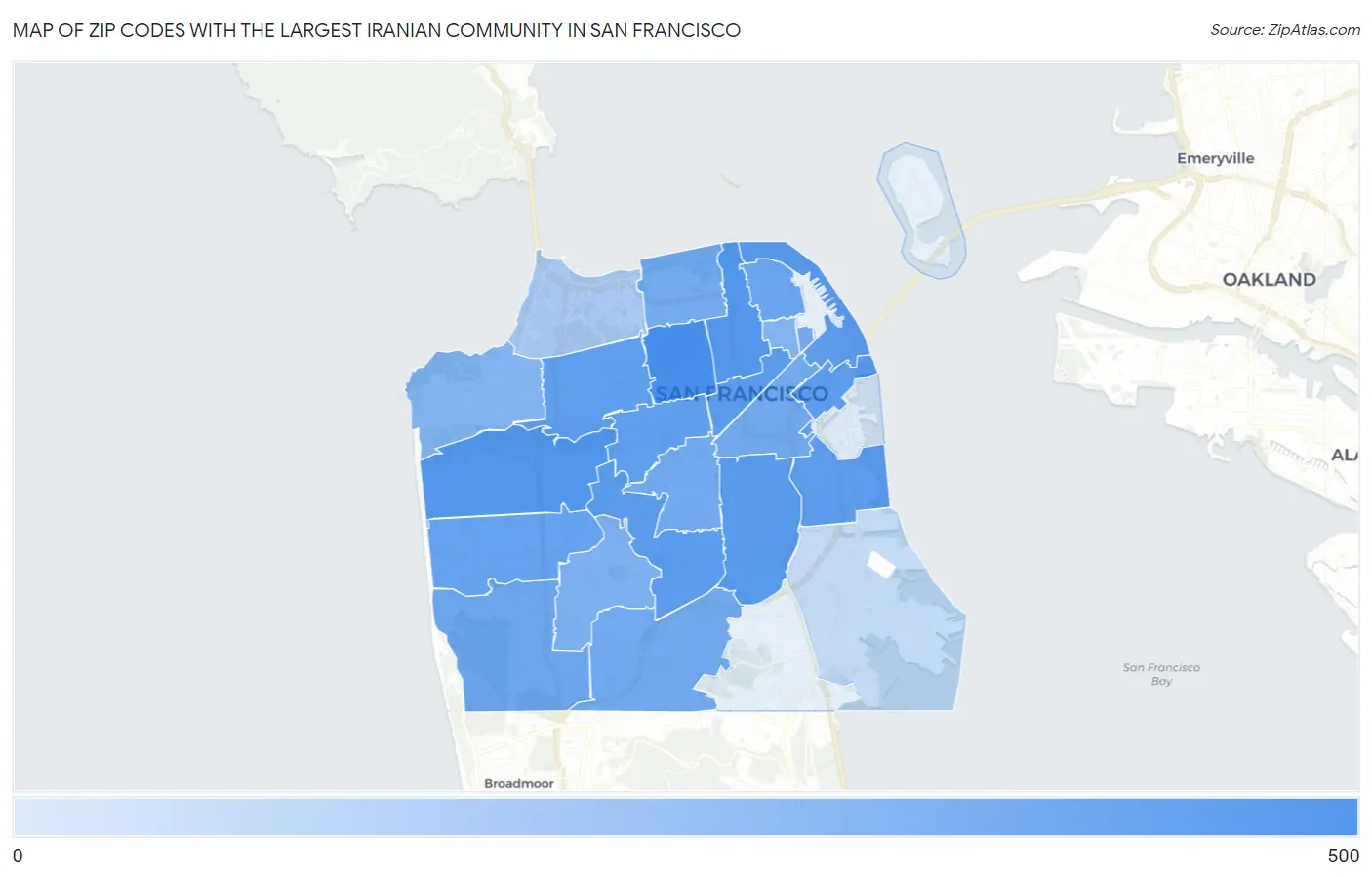 Zip Codes with the Largest Iranian Community in San Francisco Map