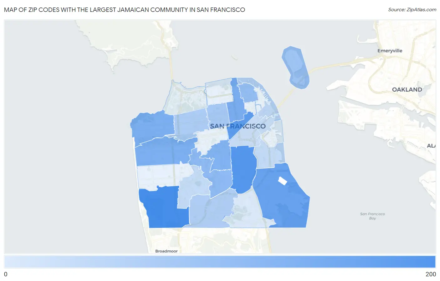 Zip Codes with the Largest Jamaican Community in San Francisco Map