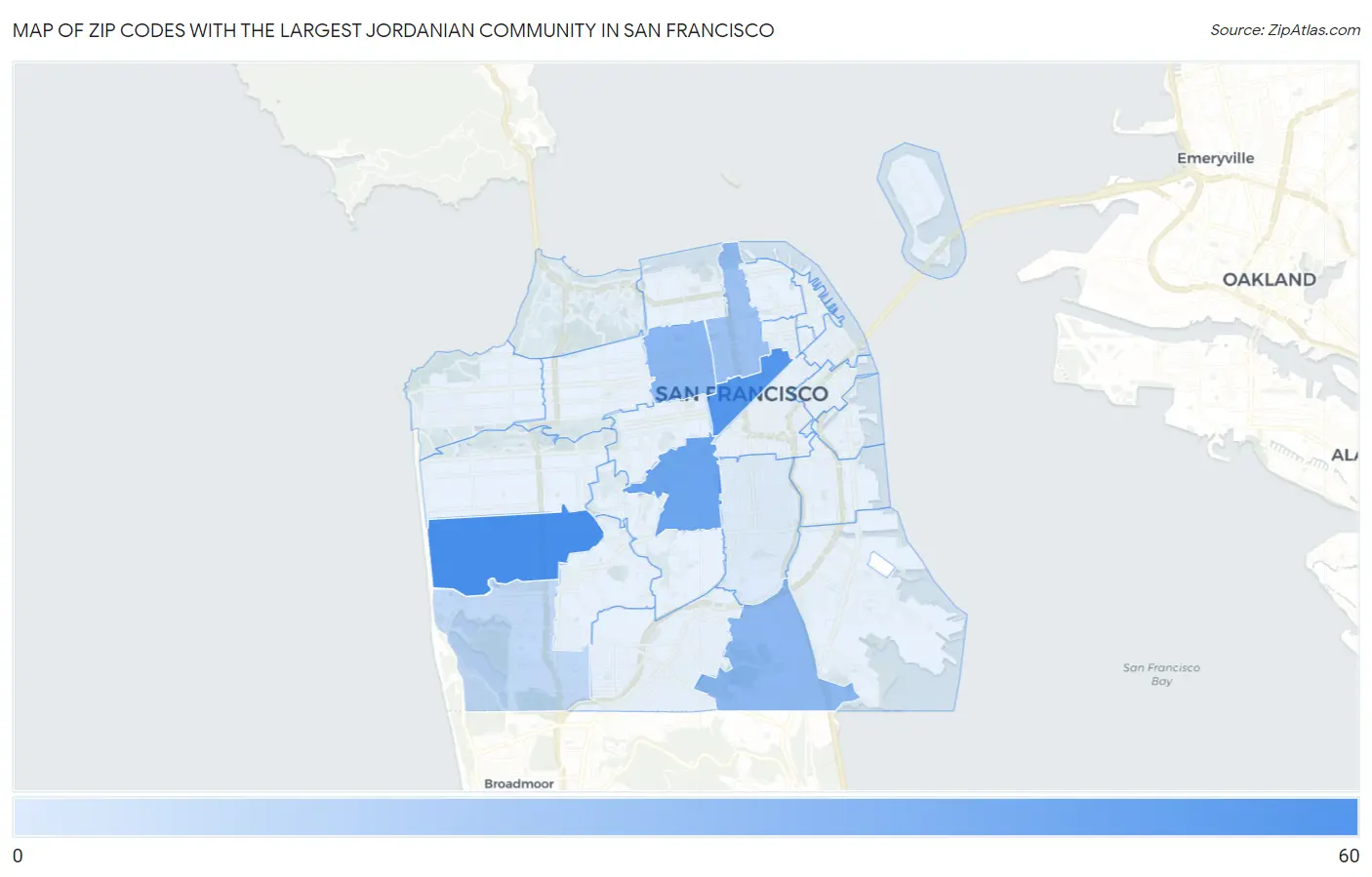 Zip Codes with the Largest Jordanian Community in San Francisco Map
