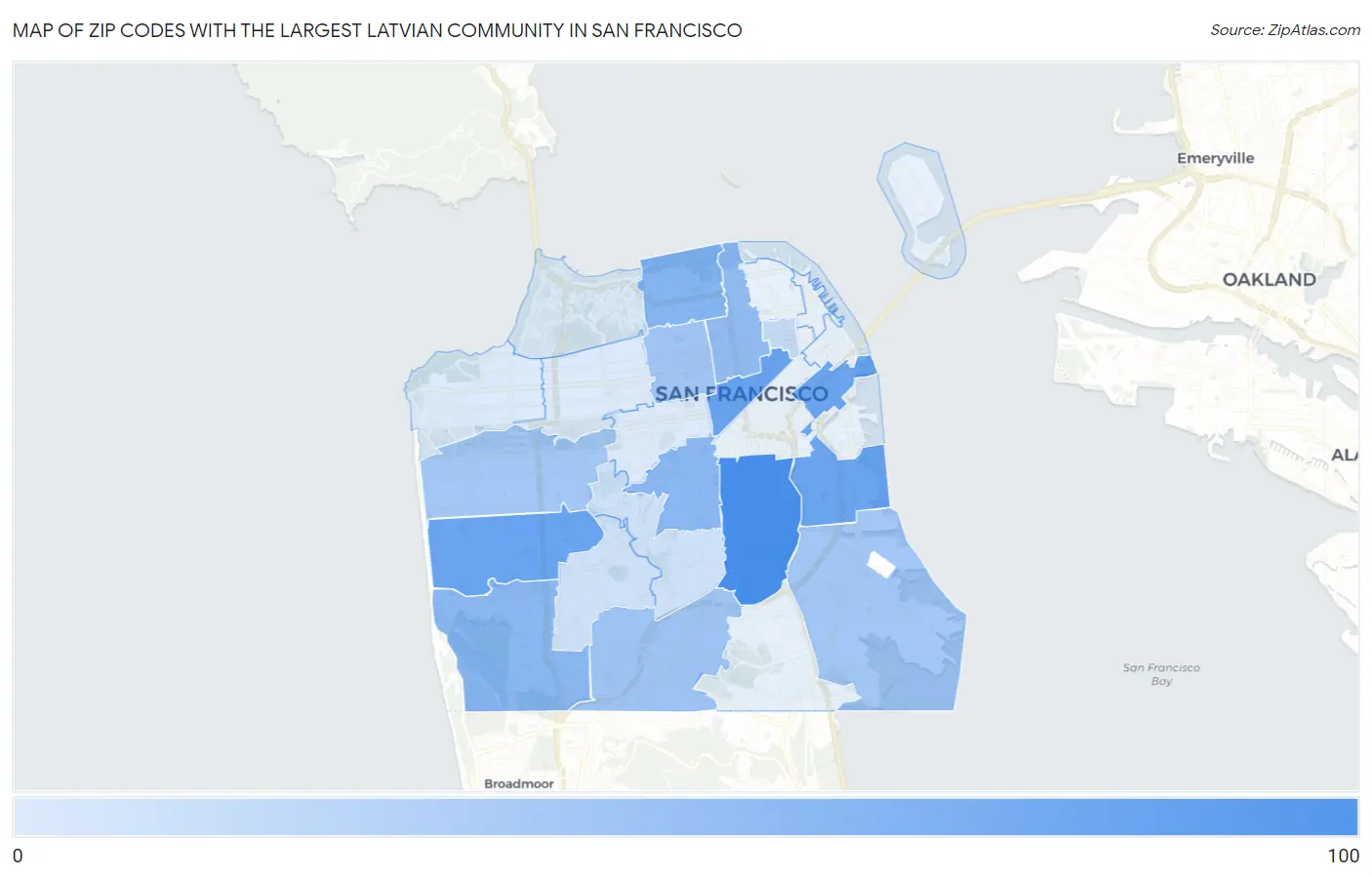 Zip Codes with the Largest Latvian Community in San Francisco Map
