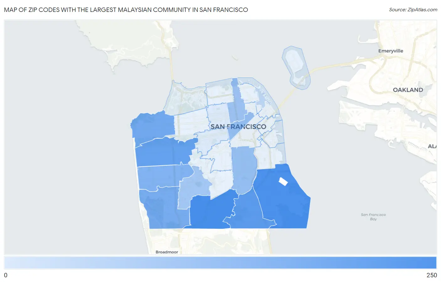 Zip Codes with the Largest Malaysian Community in San Francisco Map