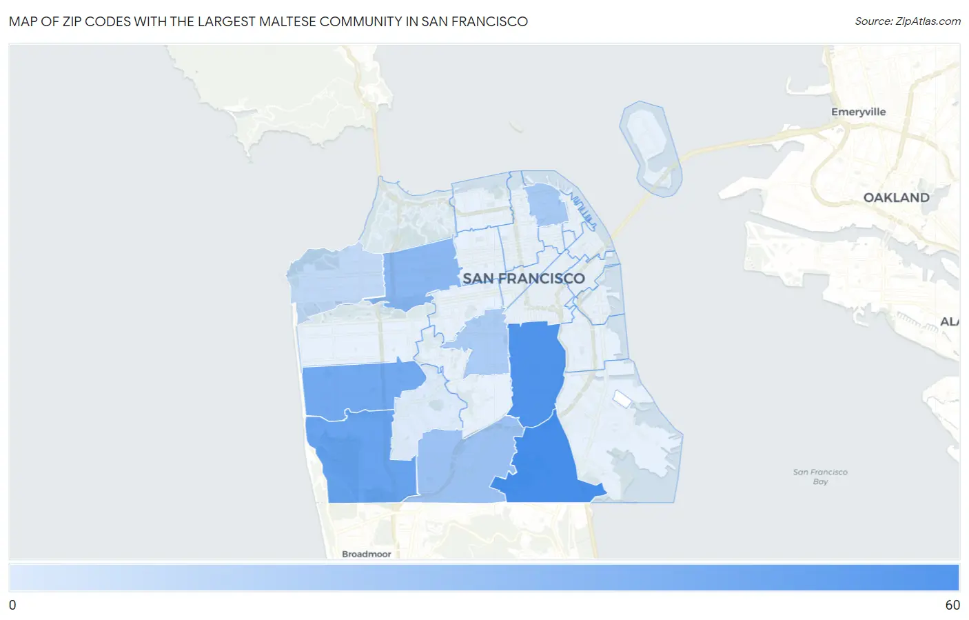 Zip Codes with the Largest Maltese Community in San Francisco Map