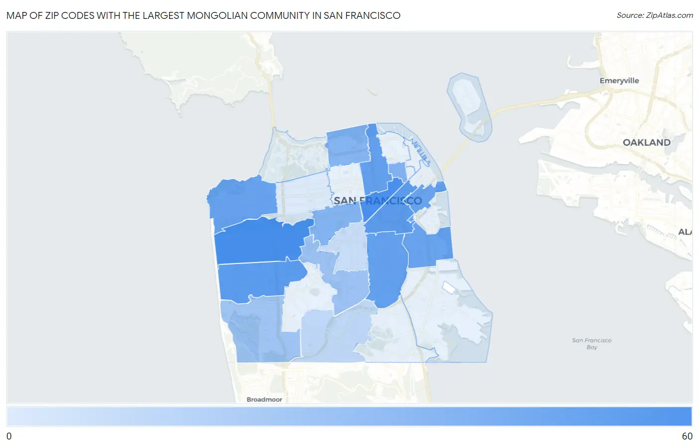 Zip Codes with the Largest Mongolian Community in San Francisco Map