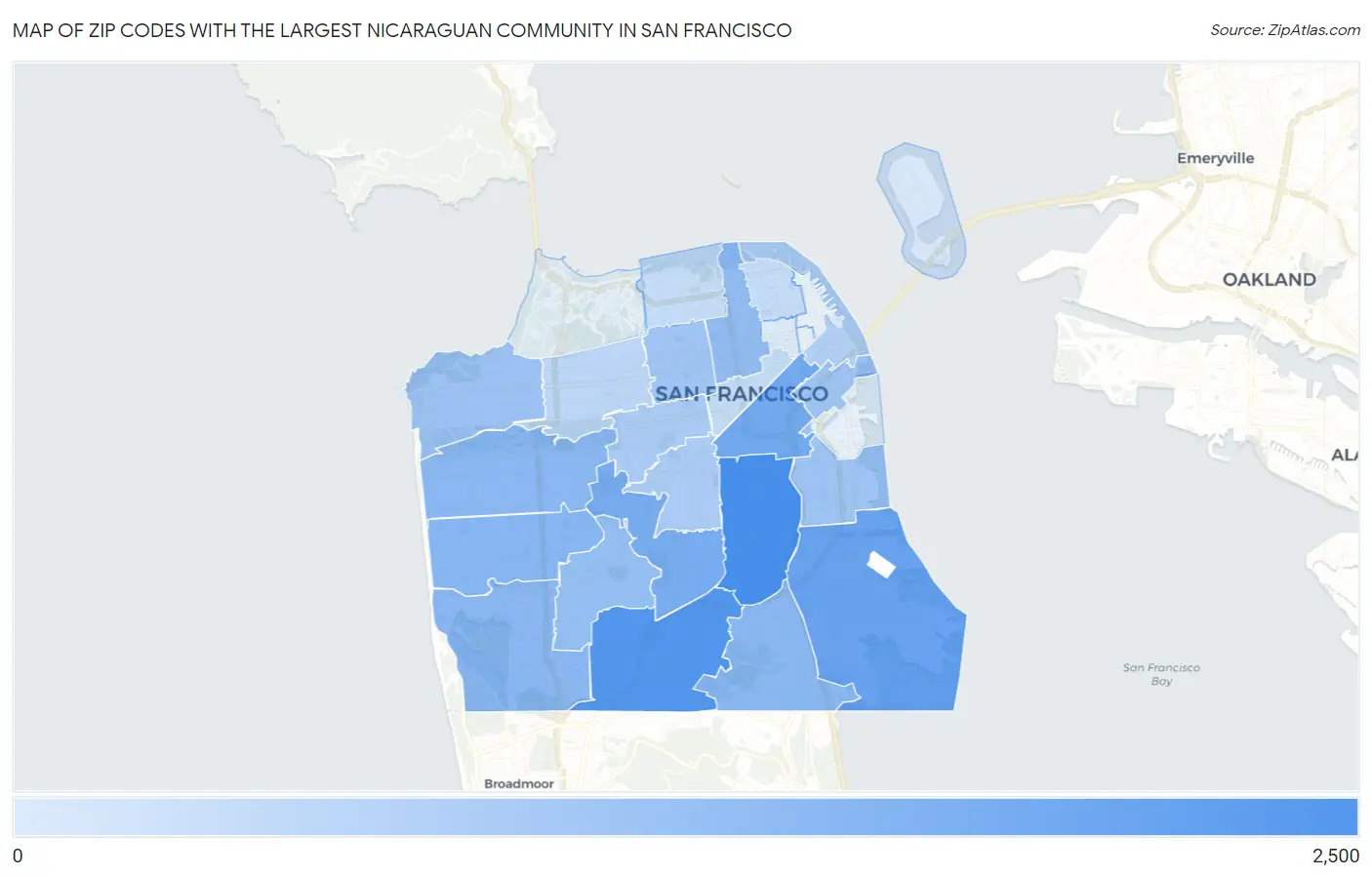 Zip Codes with the Largest Nicaraguan Community in San Francisco Map