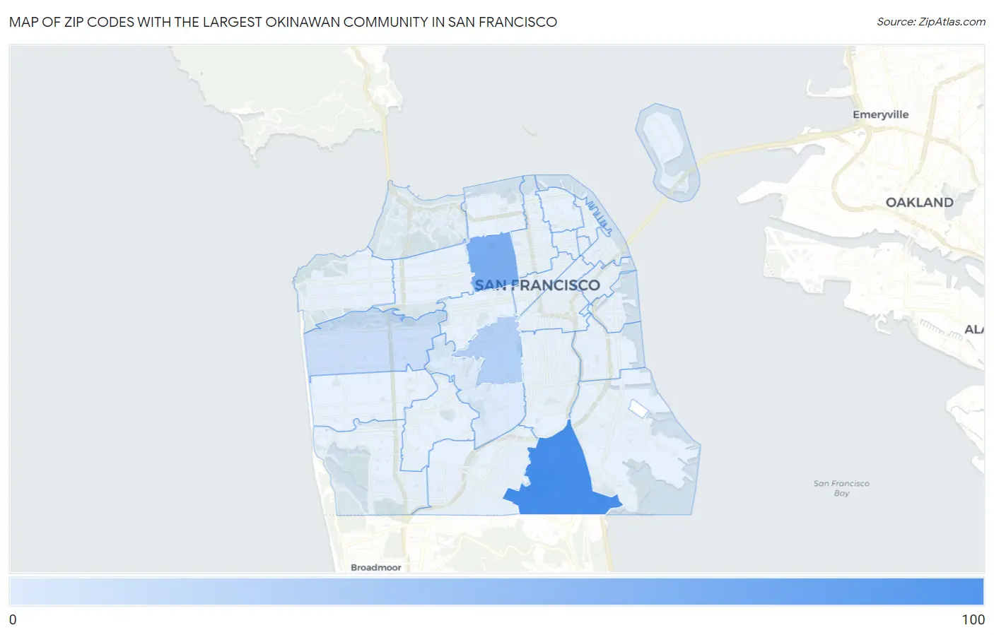 Zip Codes with the Largest Okinawan Community in San Francisco Map