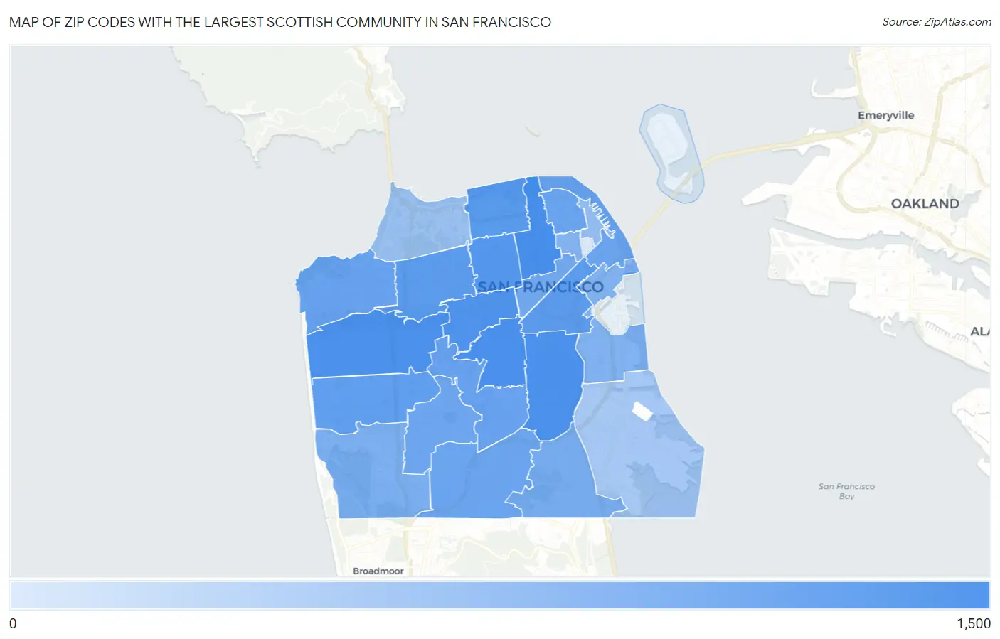 Zip Codes with the Largest Scottish Community in San Francisco Map