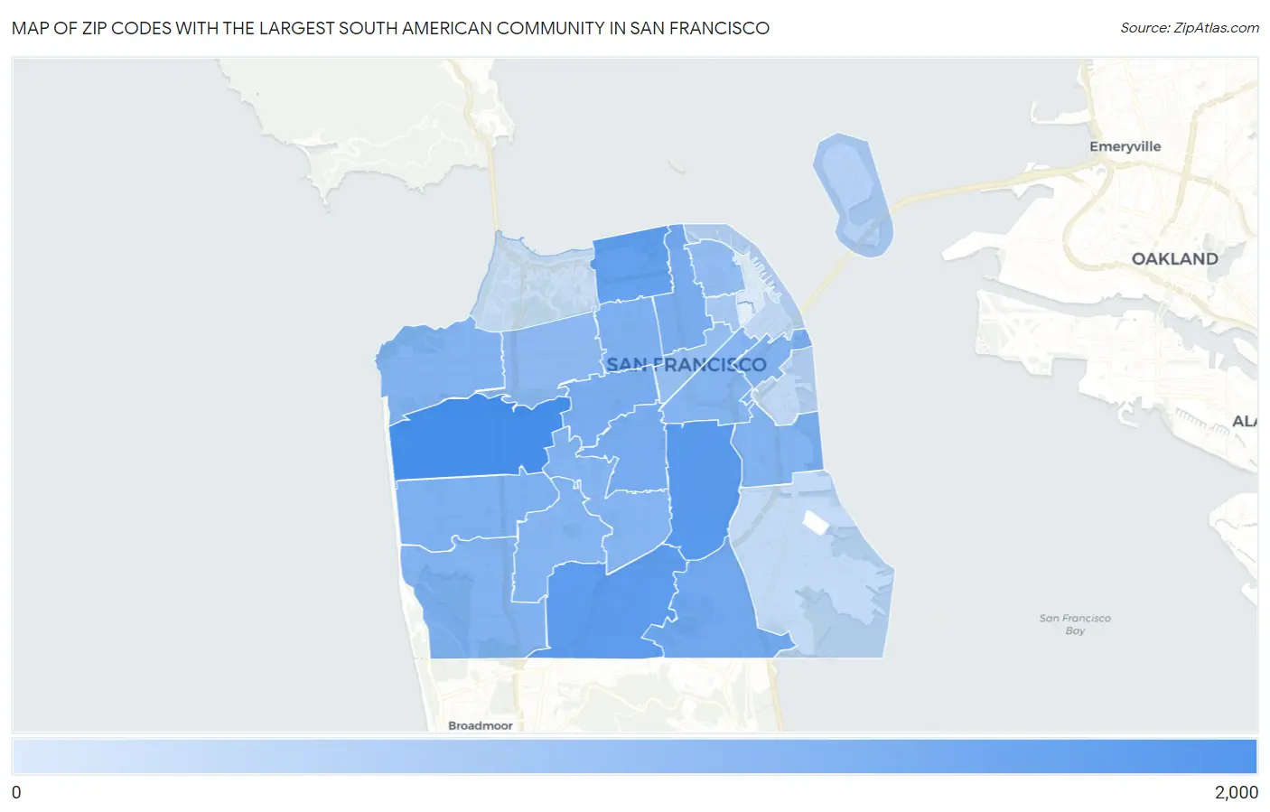 Zip Codes with the Largest South American Community in San Francisco Map