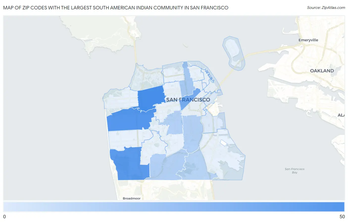 Zip Codes with the Largest South American Indian Community in San Francisco Map