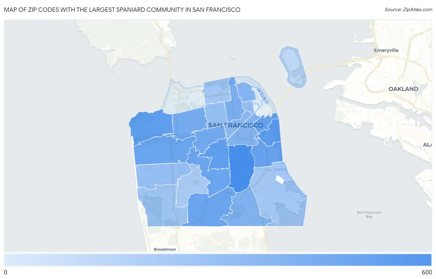 Zip Codes with the Largest Spaniard Community in San Francisco Map