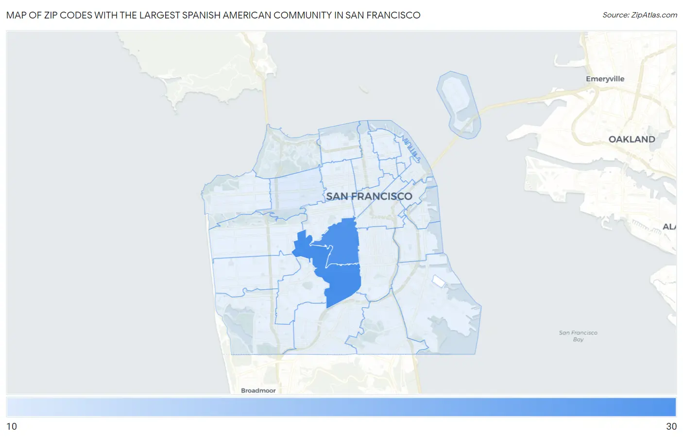 Zip Codes with the Largest Spanish American Community in San Francisco Map