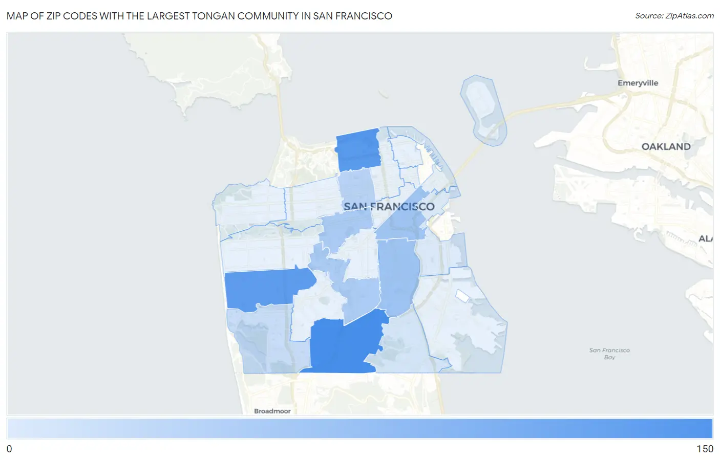 Zip Codes with the Largest Tongan Community in San Francisco Map
