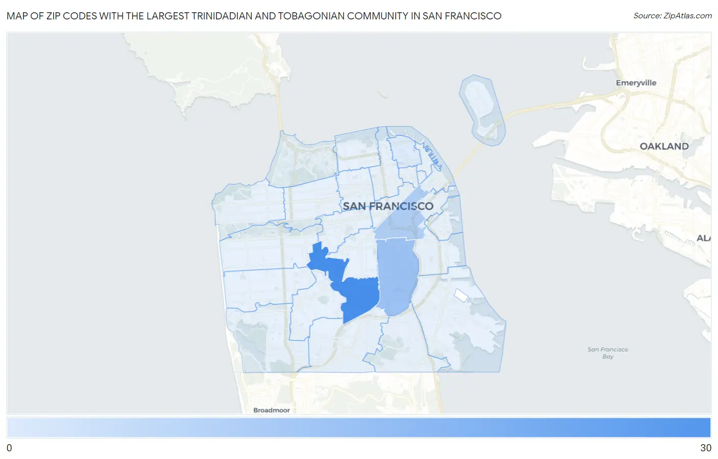 Zip Codes with the Largest Trinidadian and Tobagonian Community in San Francisco Map