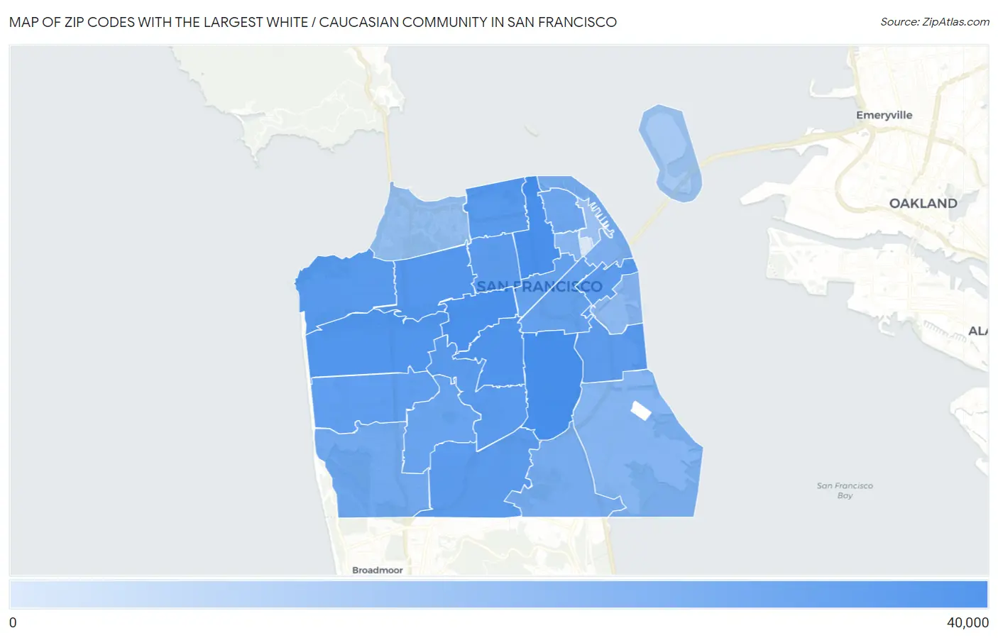 Zip Codes with the Largest White / Caucasian Community in San Francisco Map