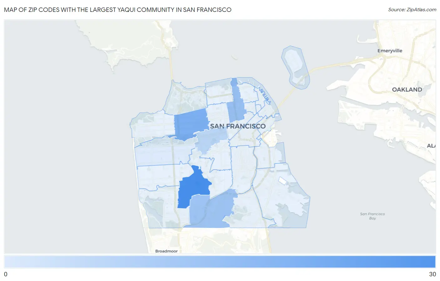 Zip Codes with the Largest Yaqui Community in San Francisco Map