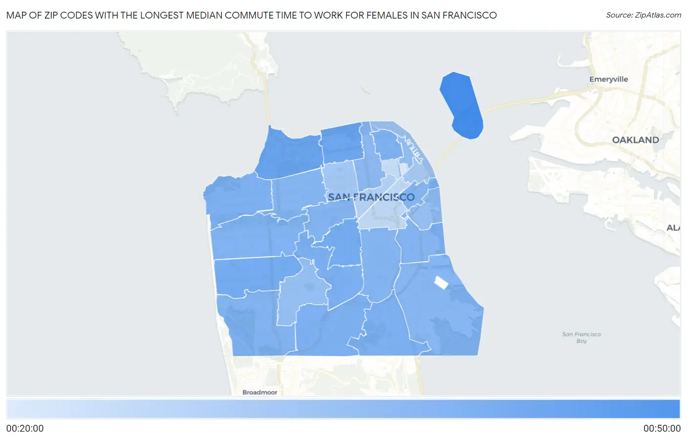 Zip Codes with the Longest Median Commute Time to Work for Females in San Francisco Map
