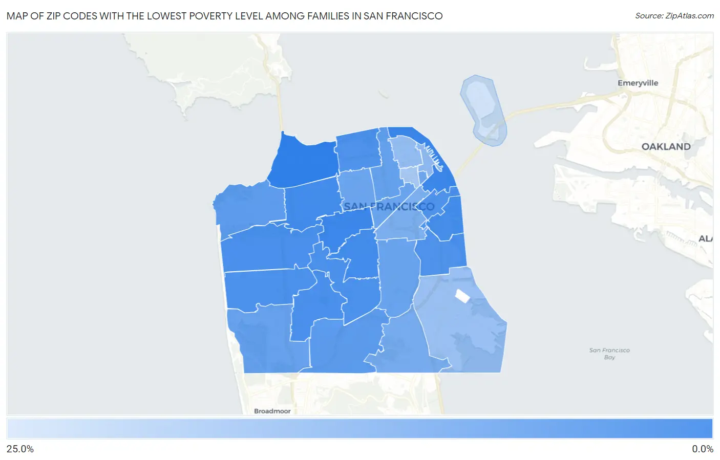Zip Codes with the Lowest Poverty Level Among Families in San Francisco Map