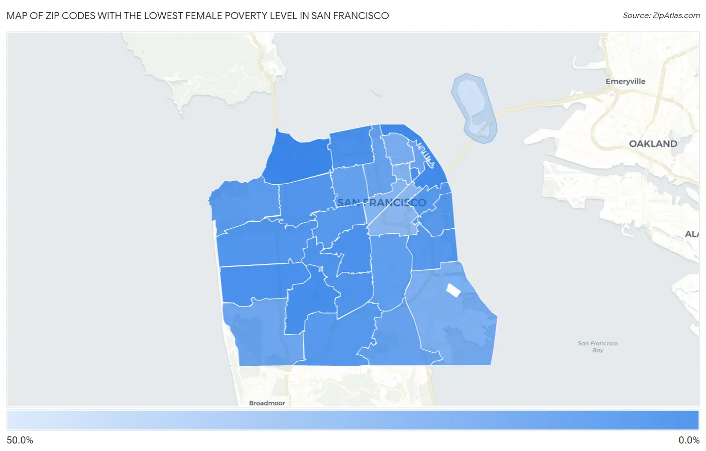 Zip Codes with the Lowest Female Poverty Level in San Francisco Map