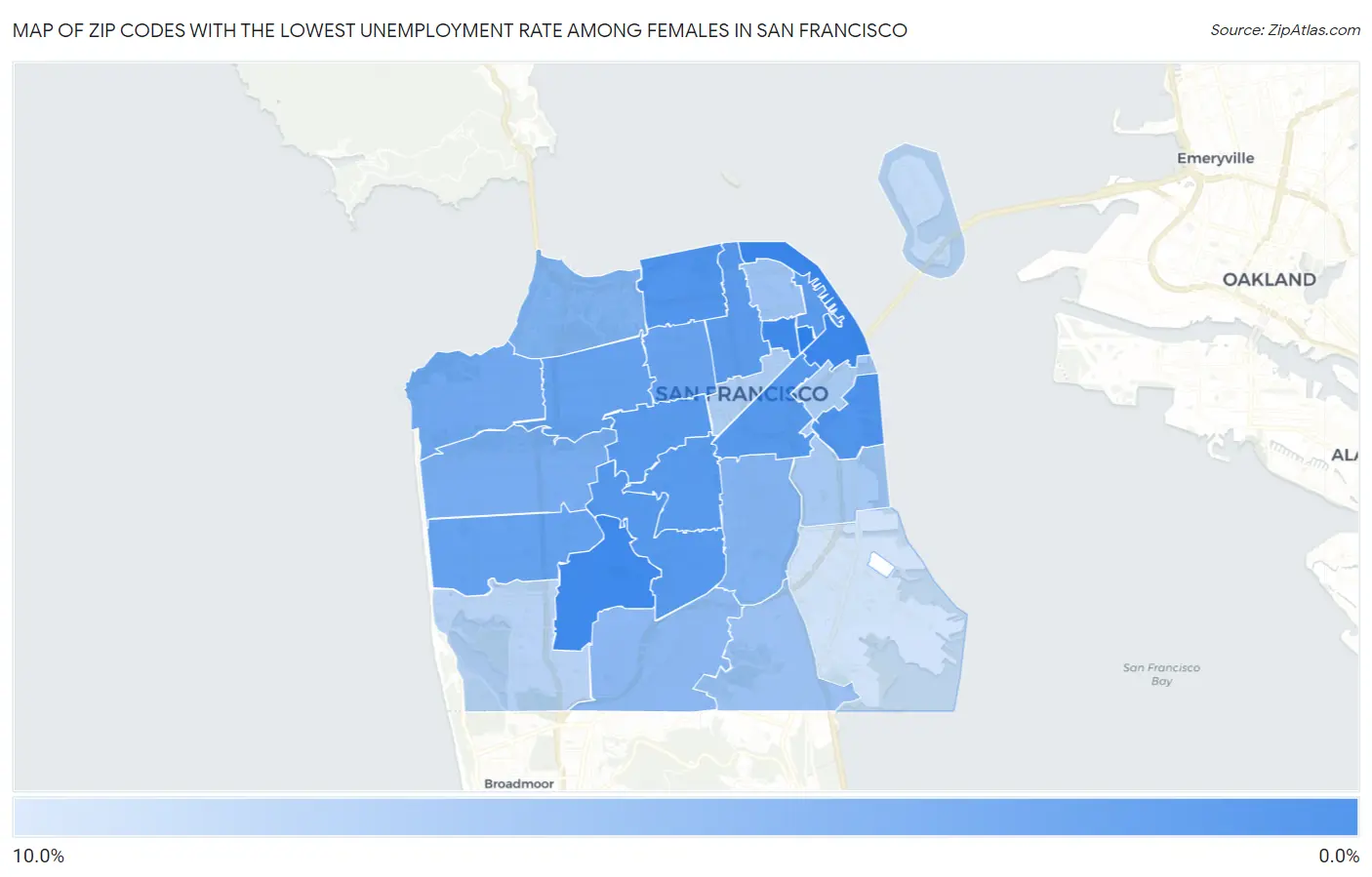 Zip Codes with the Lowest Unemployment Rate Among Females in San Francisco Map