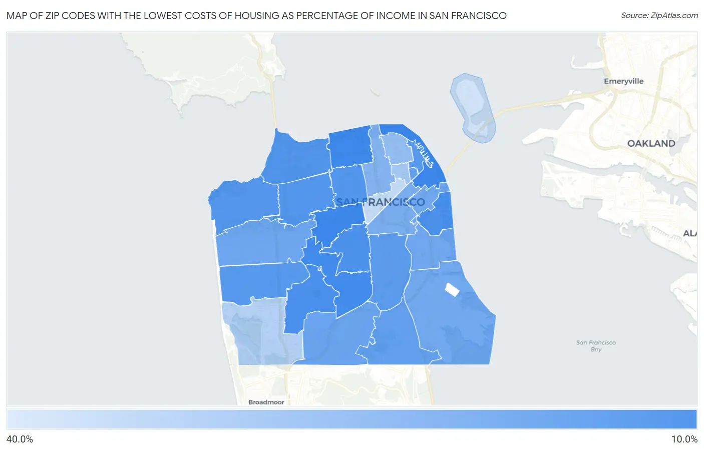 Zip Codes with the Lowest Costs of Housing as Percentage of Income in San Francisco Map